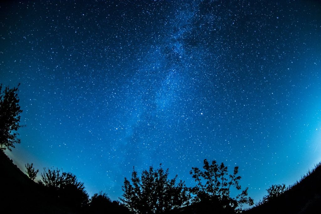 A breathtaking view of a starry night sky over a silhouetted forest, showcasing the Milky Way.